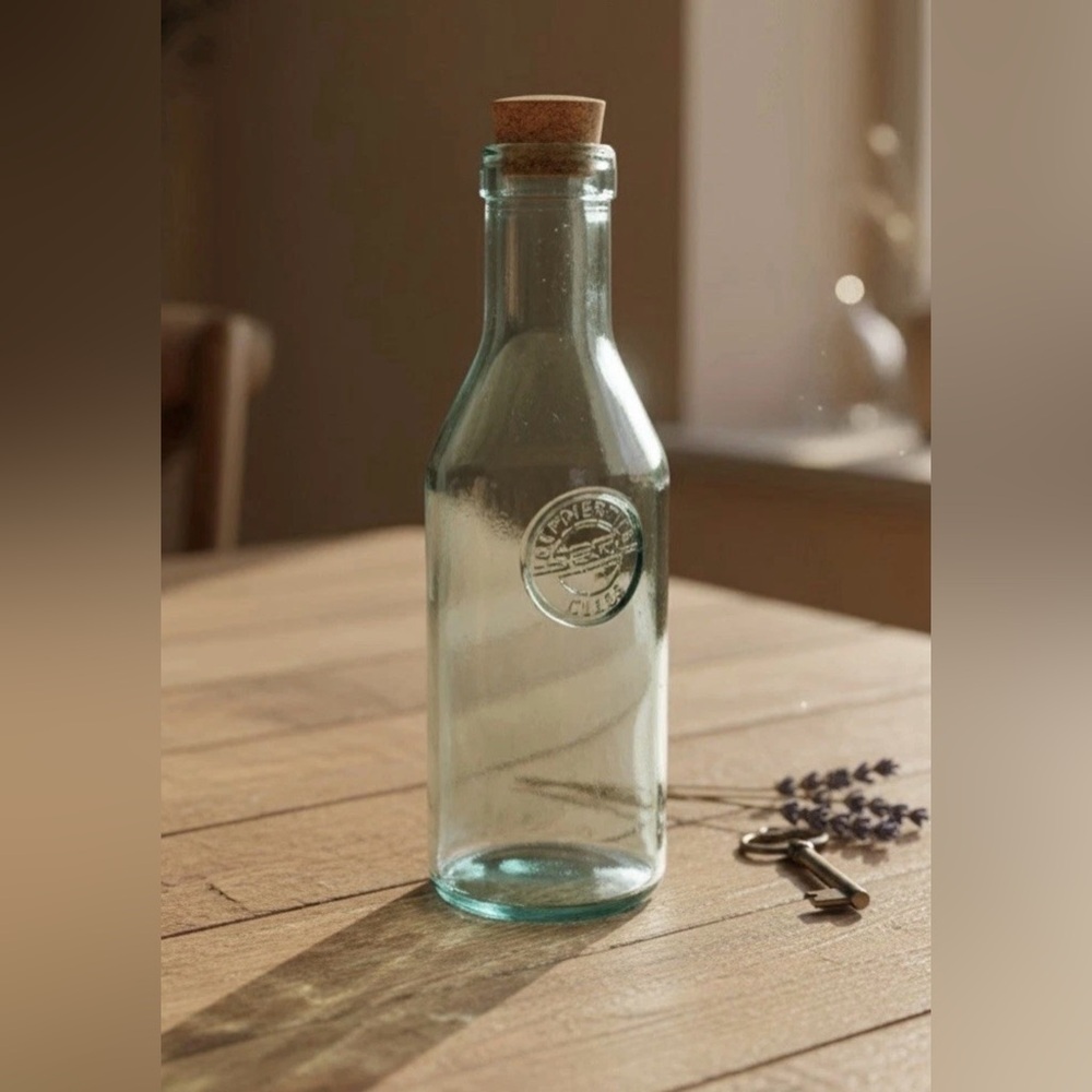 Recycled Glass Water Bottle with Cork Stopper Rustic Home Decor Carafe